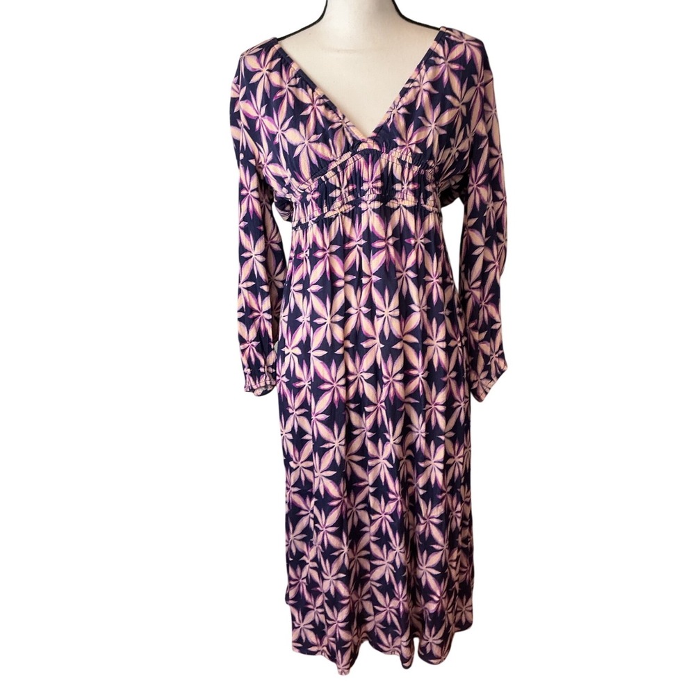 Electric & Rose Purple Geometric Floral V-Neck Smocked Maxi Dress Pockets L - Picture 8 of 9
